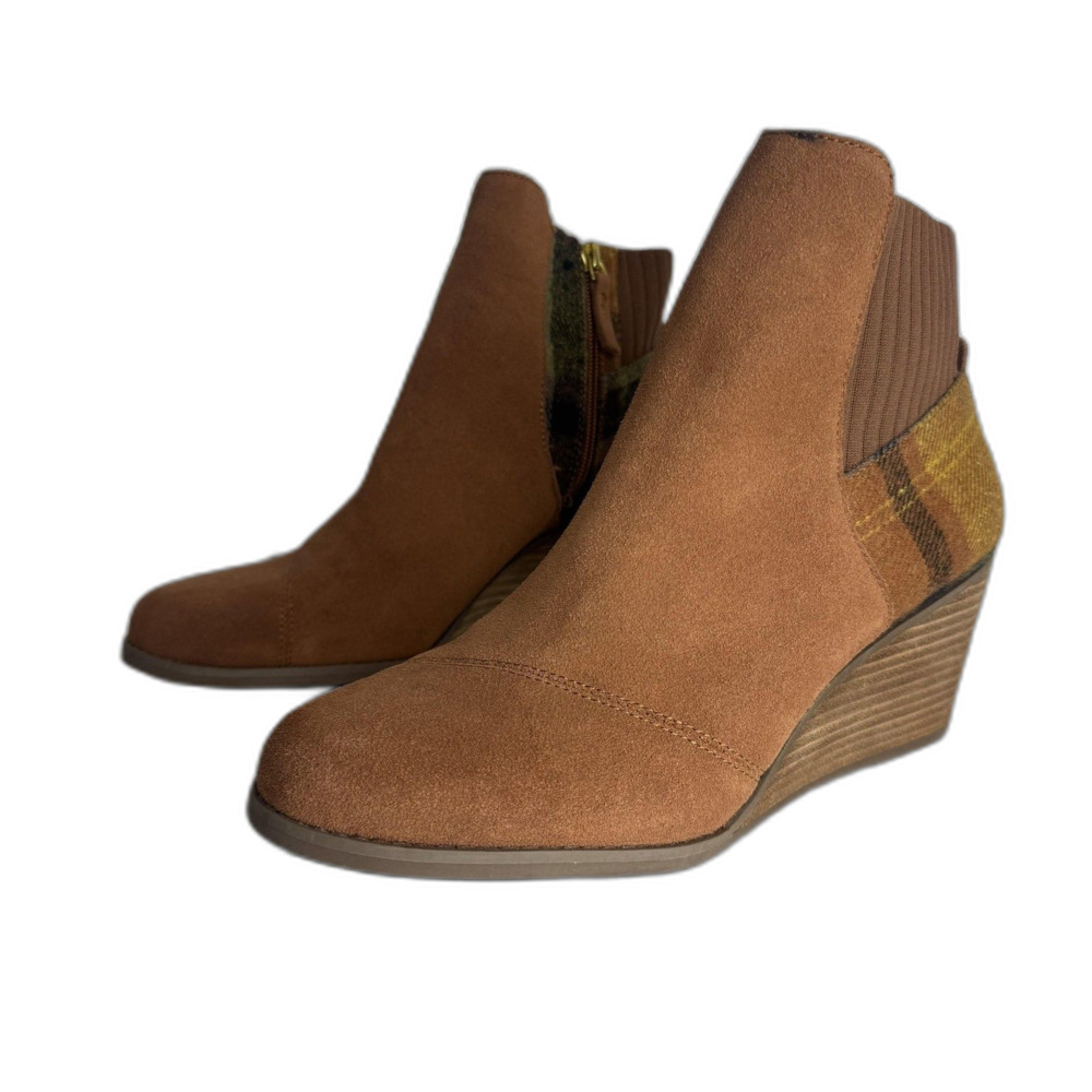 TOMS Boots Womens Size 9 Brown Suede‎ Wedge Ankle Booties Plaid Panel Side Zip